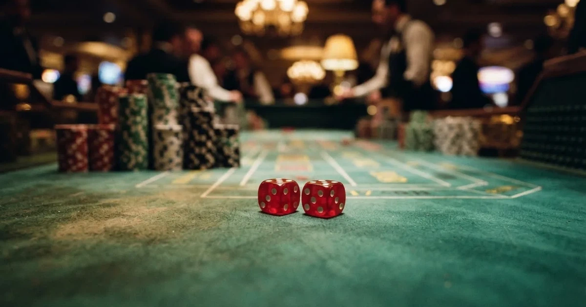 Röda tärningar vilar på grönt filt, bakom dem suddiga torn av spelmarker i kvällsdunklet — svenska online casinon