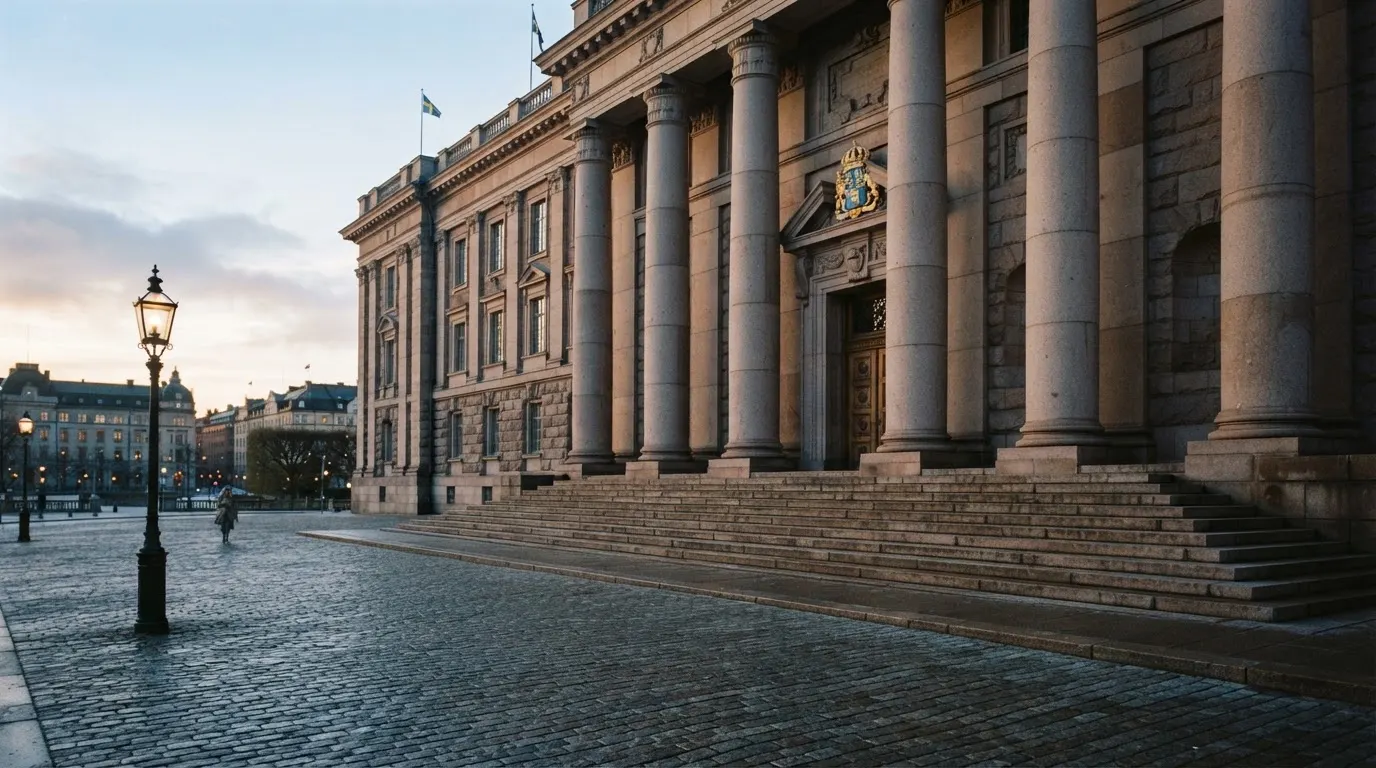Stenfasad på en statlig byggnad i Stockholm vid gryning, höga pelare och ett tomt torg framför — topp casinon i sverige