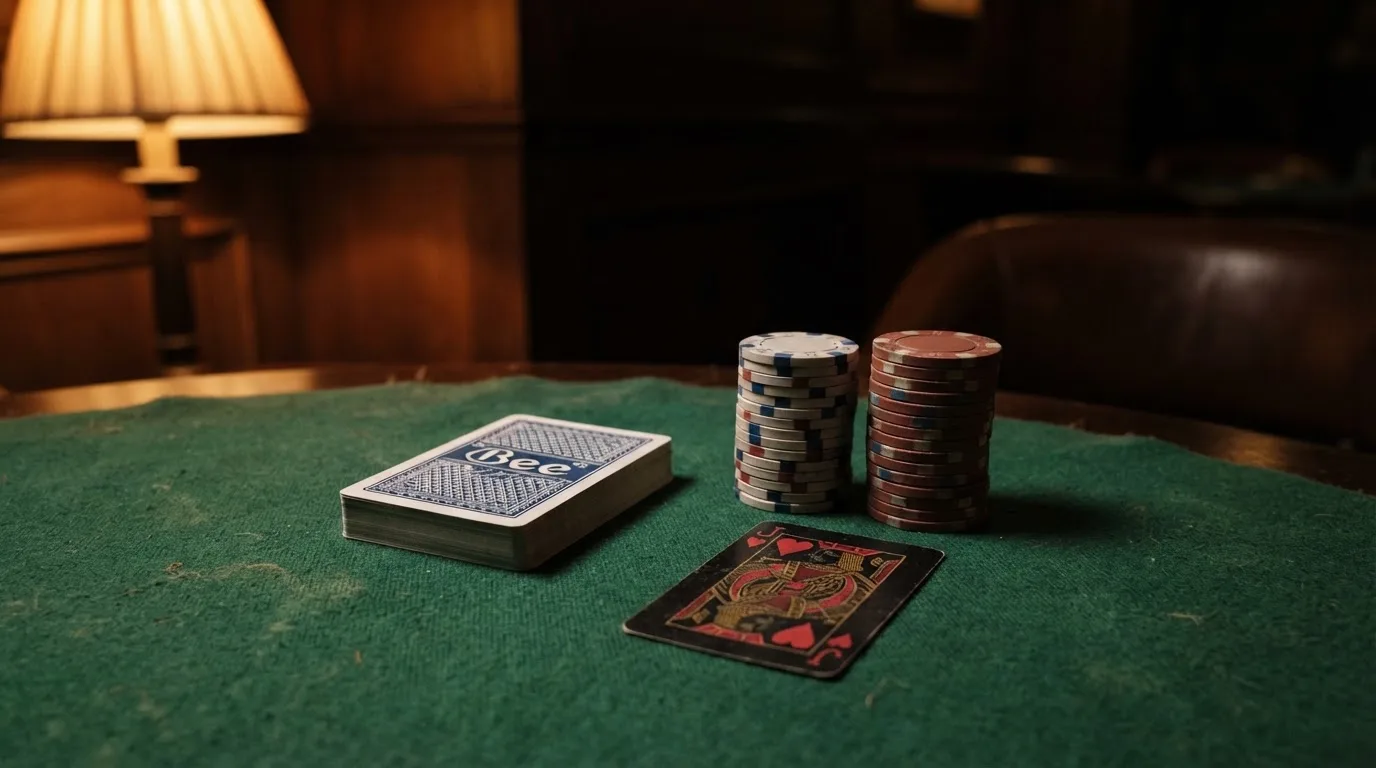 Kortlek och staplar av spelmarker på ett grönt filtbord i en dunkel salong, varmt lampsken — utländska casinon i sverige