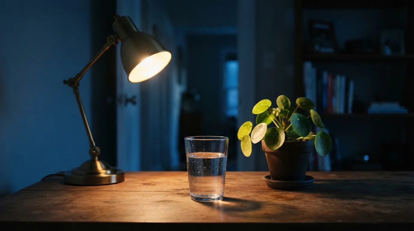 En skrivbordslampa lyser upp ett vattenglas och en kruka, rummet bakom mörknar sakta — utländska casinon i sverige