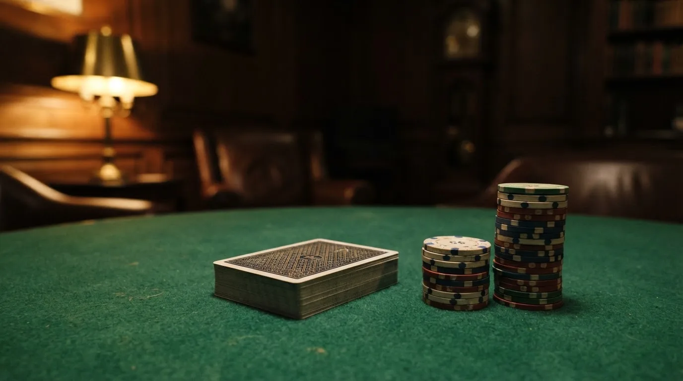 Kortlek och staplar av spelmarker på ett grönt filtbord i en dunkel salong, varmt lampsken — vinna på svenska casino